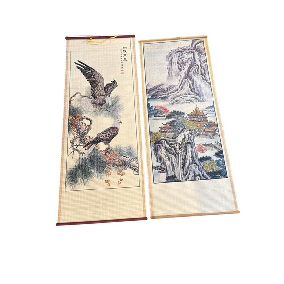 Other - vintage Asian bamboo scroll wall hangings landscape and eagle designs 2 Pieces